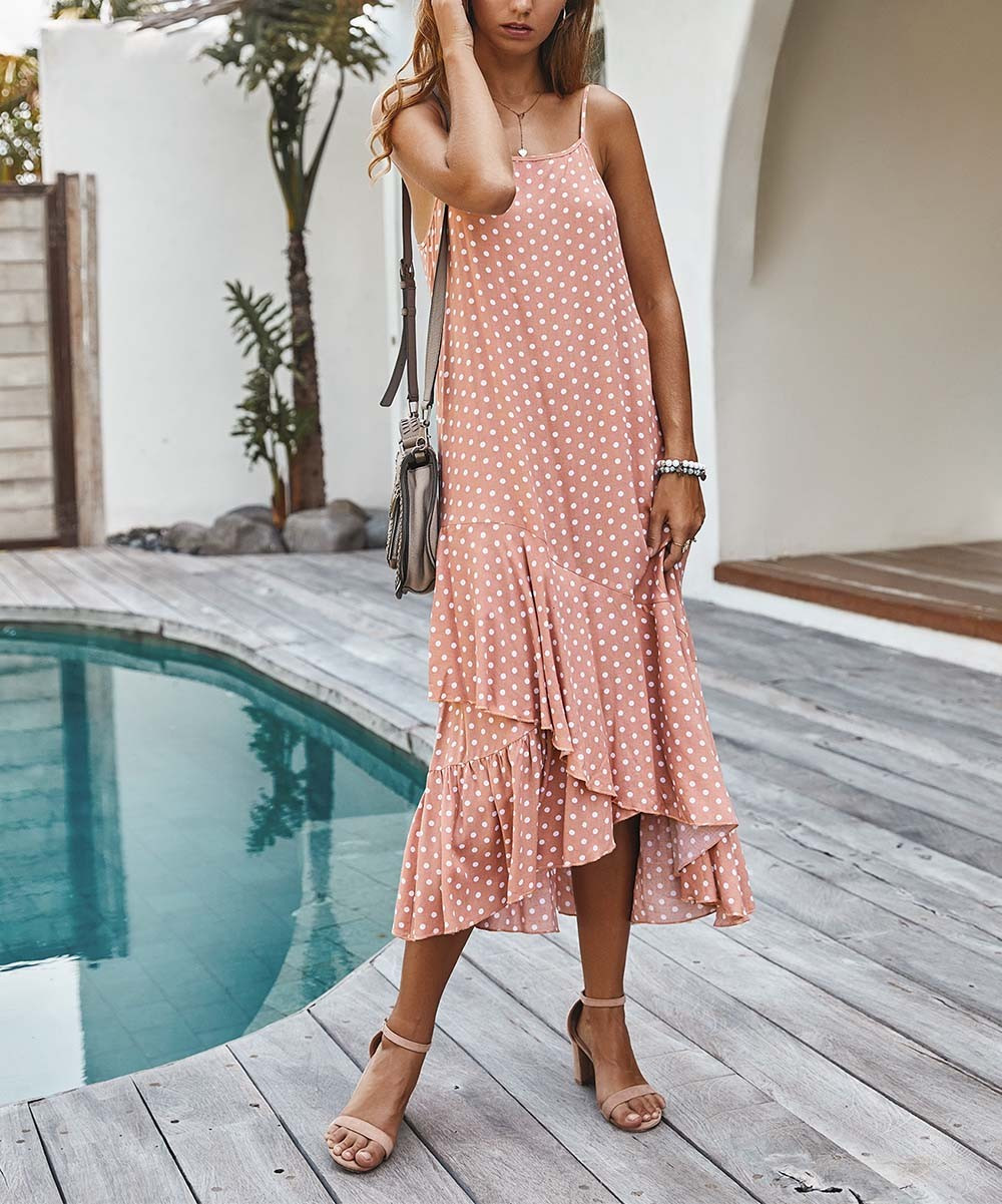 Supreme Fashion Women's Casual Dresses PINK - Pink Polka Dot Ruffle-Hem Sleeveless Maxi Dress - Wome | Zulily
