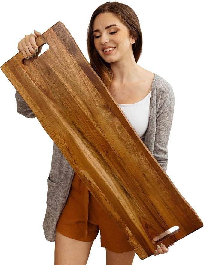 Large Acacia Serving Board with Handles, 36 x 12 Inch Rectangular Charcuterie Platter, Natural Wo... | Amazon (US)