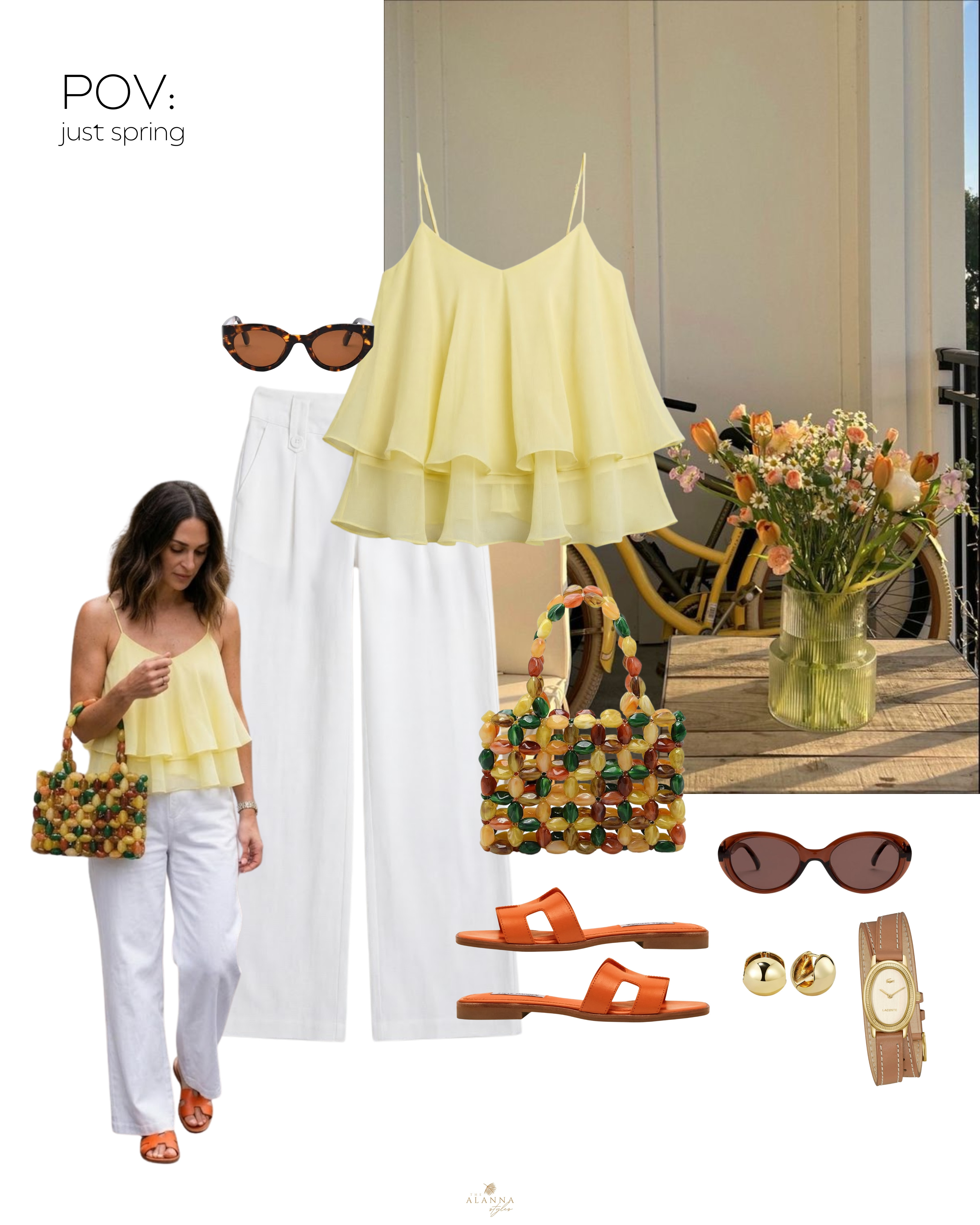 pov: you’ve found the perfect spring color palette. 🍋✨ butter yellow is the moment, and this tiered cami paired with crisp white trousers is pure sunshine. i’m obsessed with the pop of orange from these slides and the textured beaded bag. it’s giving major mediterranean vacation vibes. 🍊🐚

#springoutfit #butteryellow #vacationstyle #resortwear #colorfulfashion #springtrends #whitejeans 

 #LTKootd