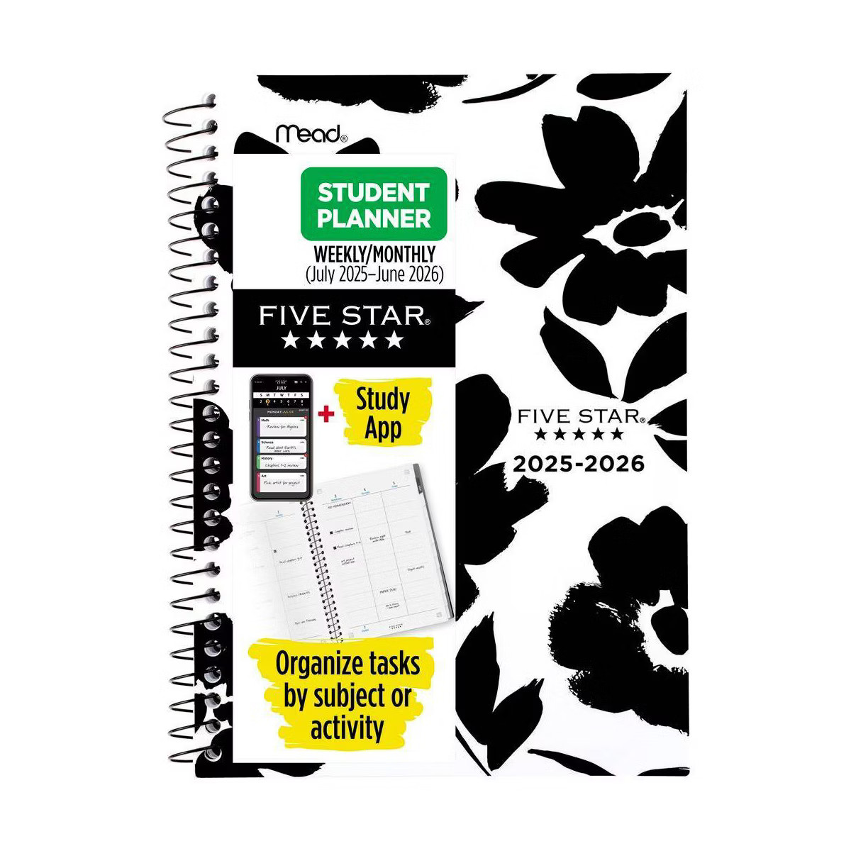 Five Star 5.5"x8.5" 2025-2026 Weekly/Monthly Black and White Floral Small Dark Daisies Planner | Target