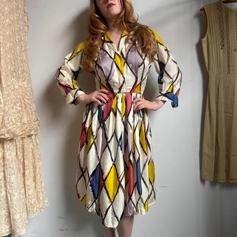 1940\u2019s Silk Shirtwaist Dress with Bold Diamond Harlequin Print, Full Skirt Button Front 40\u... | Etsy (Global)