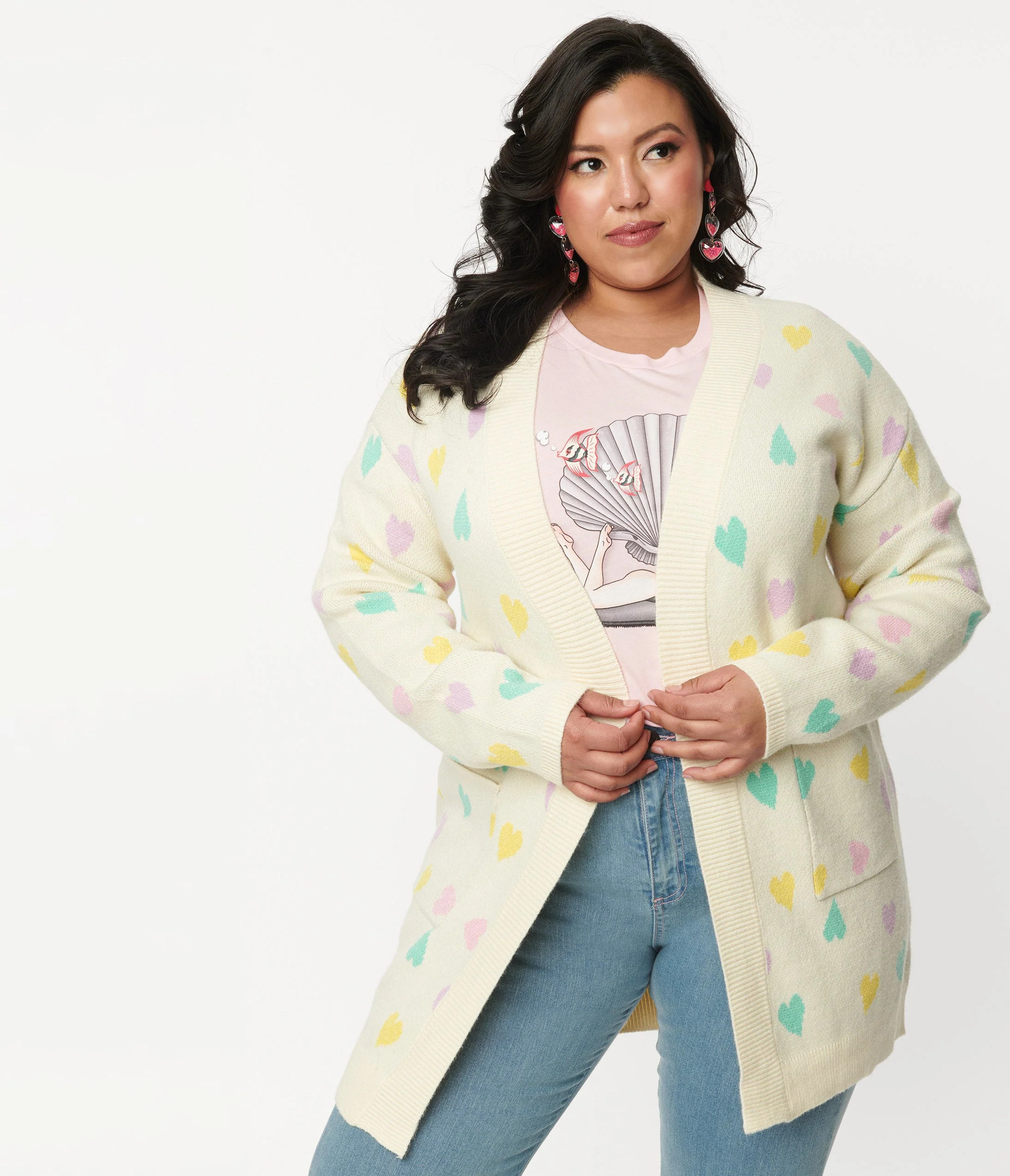 Magnolia Place Plus Size Cream & Pastel Hearts Cardigan | Unique Vintage - North America