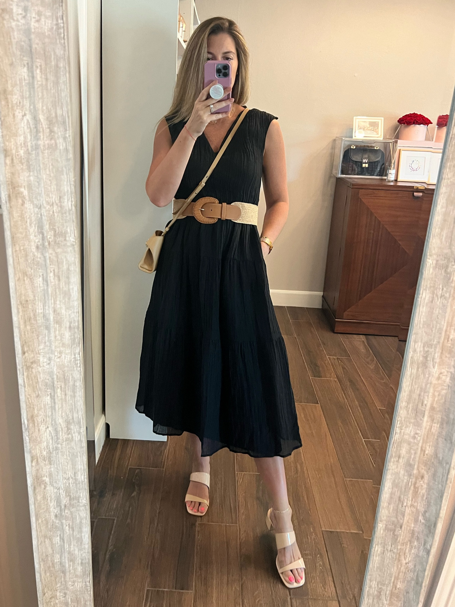 A black dress suitable for day or night, work or weekend. Plus it’s got pockets. It’s a win win. 

Runs TTS. Wearing a size small. 

Sandals are oh so comfy with a small block heel. Run TTS. (If in between sizes size down.)

#LTKWorkwear #LTKOver40 #LTKShoeCrush