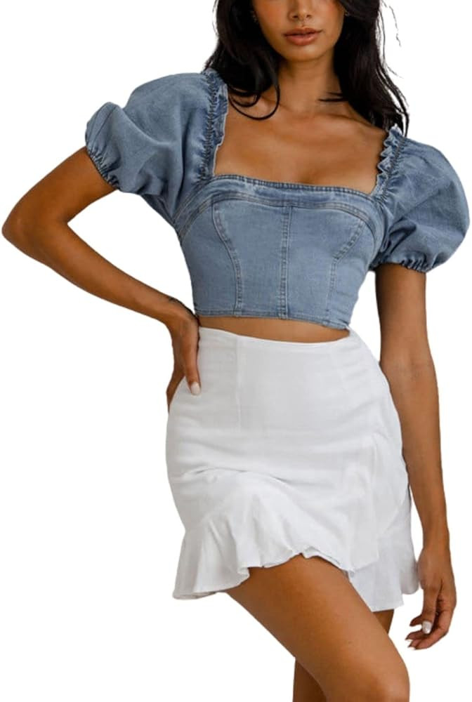 Kwoki Women's Puff Short Sleeve Denim Crop Top Square Neck Zipper Up Backless Jean Shirt Blouse | Amazon (US)