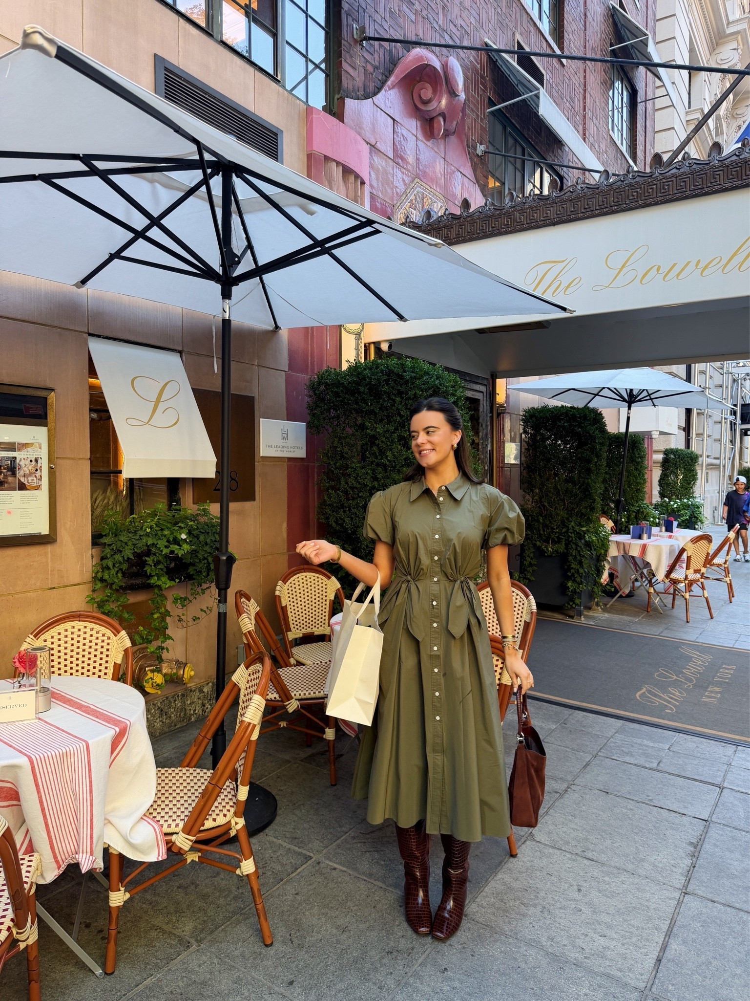 Transition into fall outfit in NYC love this army green Tanya Taylor dress