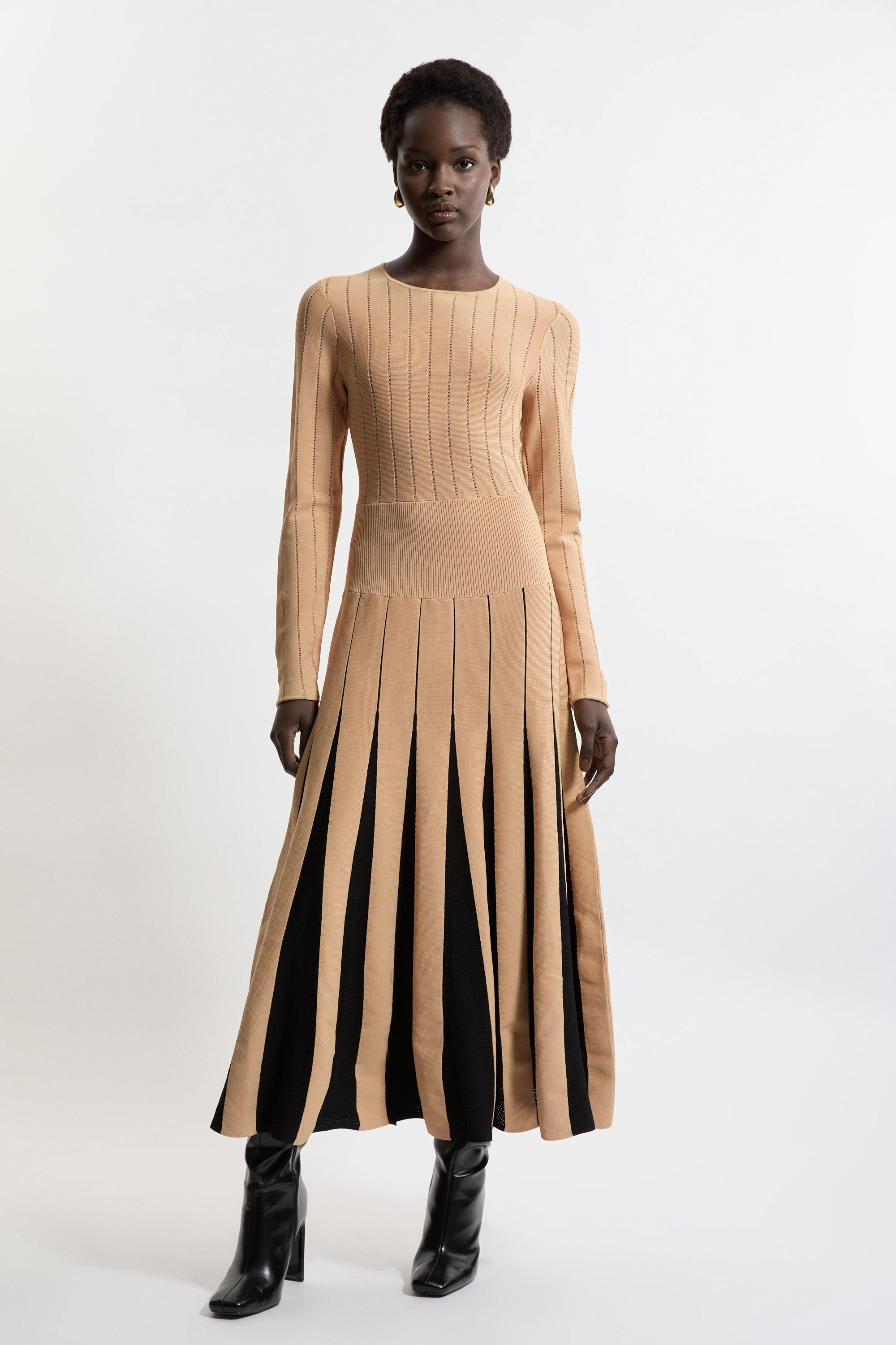 Pointelle Colour Block Full Skirted Viscose Blend Knit Dress | Karen Millen | Karen Millen UK + IE + DE + NL