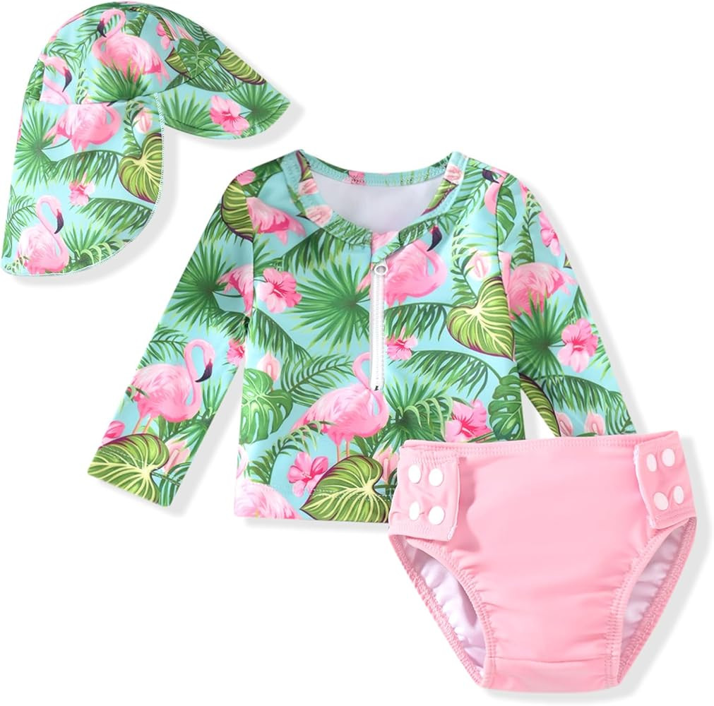 HINTINA Newborn Baby Girl Long Sleeve 2-Pieces Swimsuit Bathing Suit with Hat | Amazon (US)