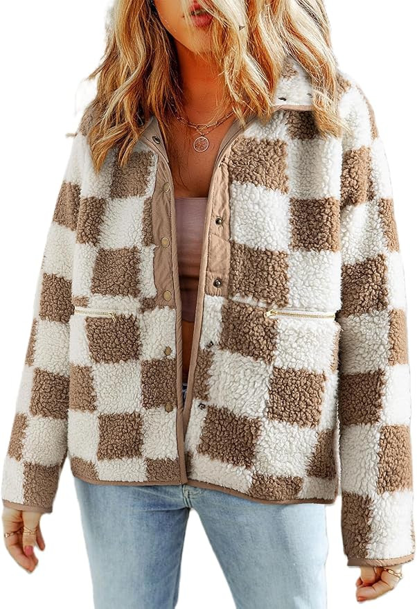 Jacket for Women 2024 Plaid Long Sleeve Lightweight Fleece Jacket Button Down Checkerboard Sherpa... | Amazon (US)