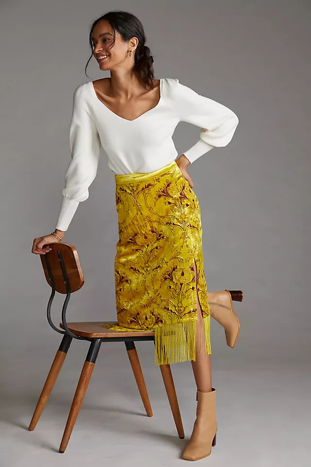 Slim Fringed Velvet Midi Skirt | Anthropologie (US)