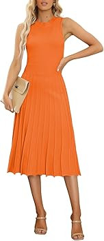 Pink Queen Women's Crew Neck Sleeveless High Waisted Bodycon Pleated Ribbed Swing Knit Midi Dress... | Amazon (US)