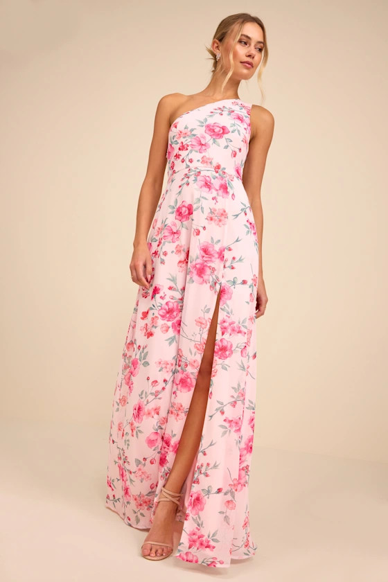 Elegant Admiration Light Pink Floral One-Shoulder Maxi Dress | Lulus