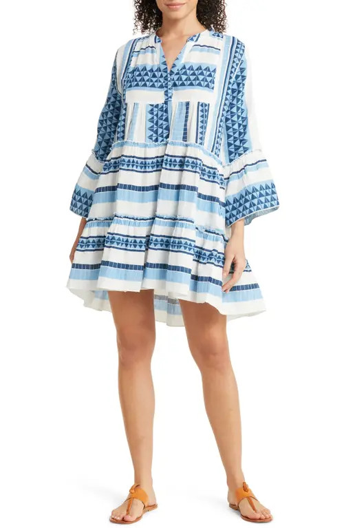 Elan Geometric Print Tiered Cotton Cover-Up Dress in White/Royal at Nordstrom, Size Medium | Nordstrom