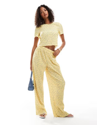 Pieces mini plisse wide leg trouser co-ord in ditsy yellow flower print | ASOS (Global)