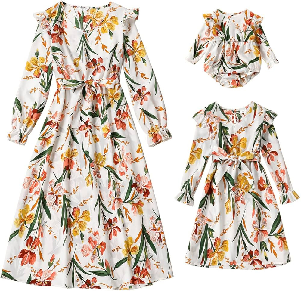 Mommy and Me Matching Dresses Floral Split Ruffled Boho Dress Long Sleeve Casual Fall Winter Mom ... | Amazon (US)