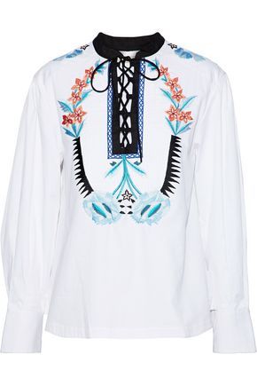 Temperley London Woman Peacock Lace-up Embroidered Cotton-poplin Shirt White Size 10 | The Outnet US