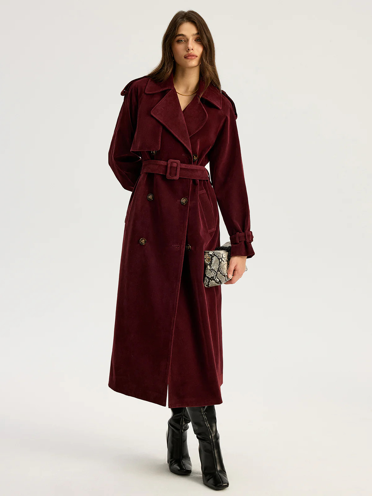Belted Double-Breasted Suede Effect Long Trench Coat | Commense