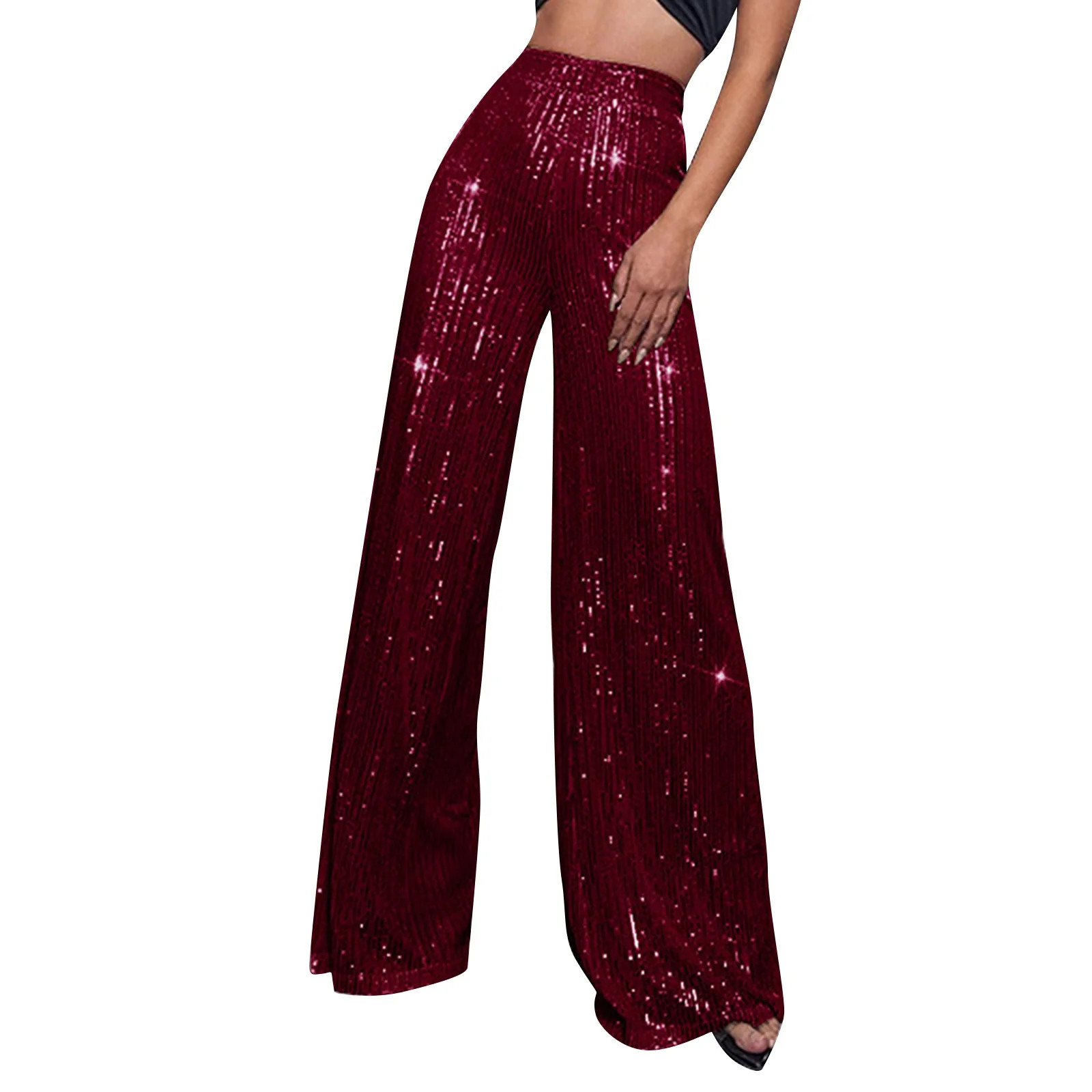 Qcmgmg Glitter Sparkle Pants Women Bling High Waisted Dressy Sequin Pants for Women Casual Party ... | Walmart (US)
