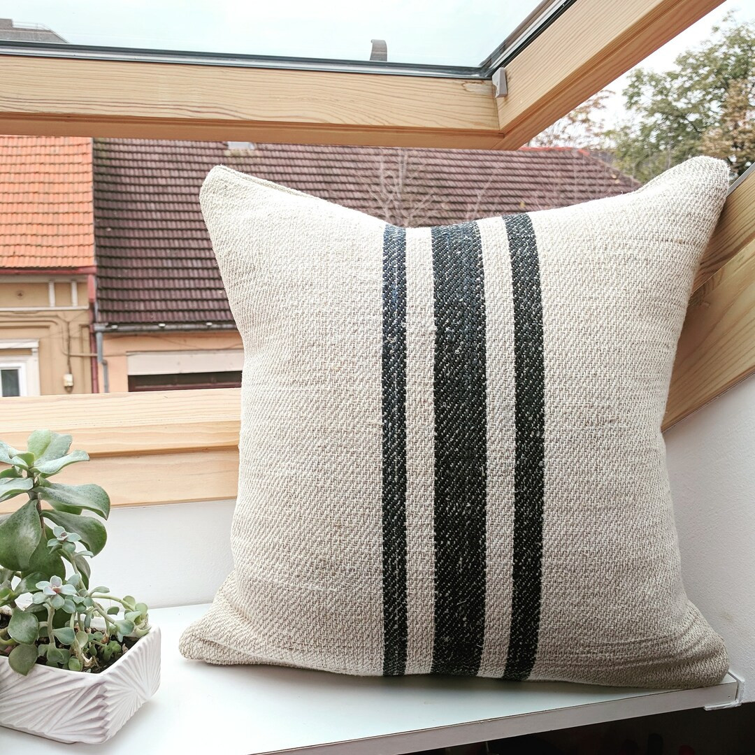 Authentic Grain Sack Pillow Cover Black Stripes / Antique - Etsy | Etsy (US)