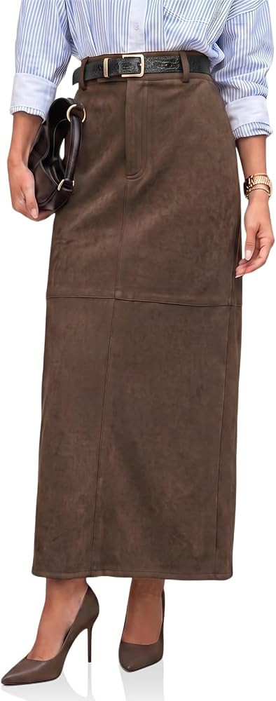 Cicy Bell Womens Suede Maxi Skirt High Waisted Slit Patchwork Pencil Skirts | Amazon (US)