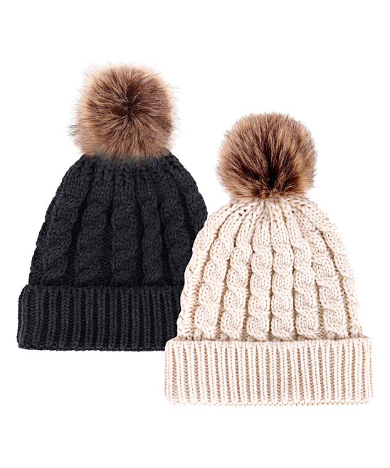 Simplicity Women's Winter Hats Charcoal - Charcoal & Cream Pom-Pom Beanie Set | Zulily