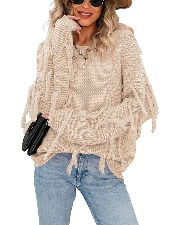 chouyatou Women's Fall Fringed Sleeve Oversized Pullover Sweater Fashion Knitted Fringe Top | Amazon (US)