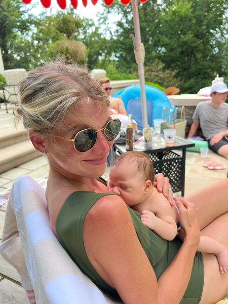 Jcrew swimwear is elite ! This green one piece swimsuit is so flattering and comfortable - perfect for a pool day with baby with some round sunglasses

Pool day style, beach vacation , postpartum swimsuit , swimwear under 100, Memorial Day , beach frío , sunglasses , v neck one piece 

#LTKunder100 #LTKswim #LTKtravel