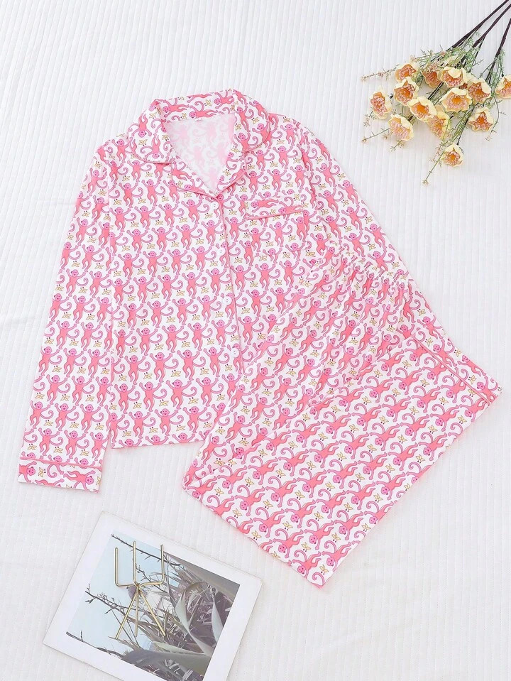 2pcs Women Funny Printed Loungewear Set, Long Sleeve Lapel Cardigan And Elastic Waist Pants, Casu... | SHEIN