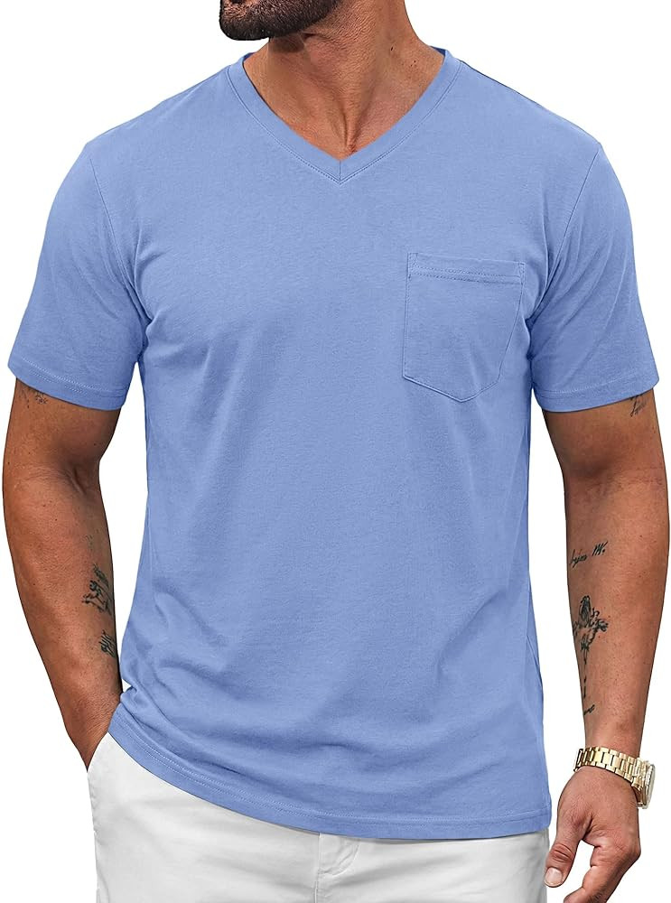 Runcati Mens Cotton V Neck T-Shirts Short Sleeve Casual Basic Summer Beach Pocket Tee Tops | Amazon (US)