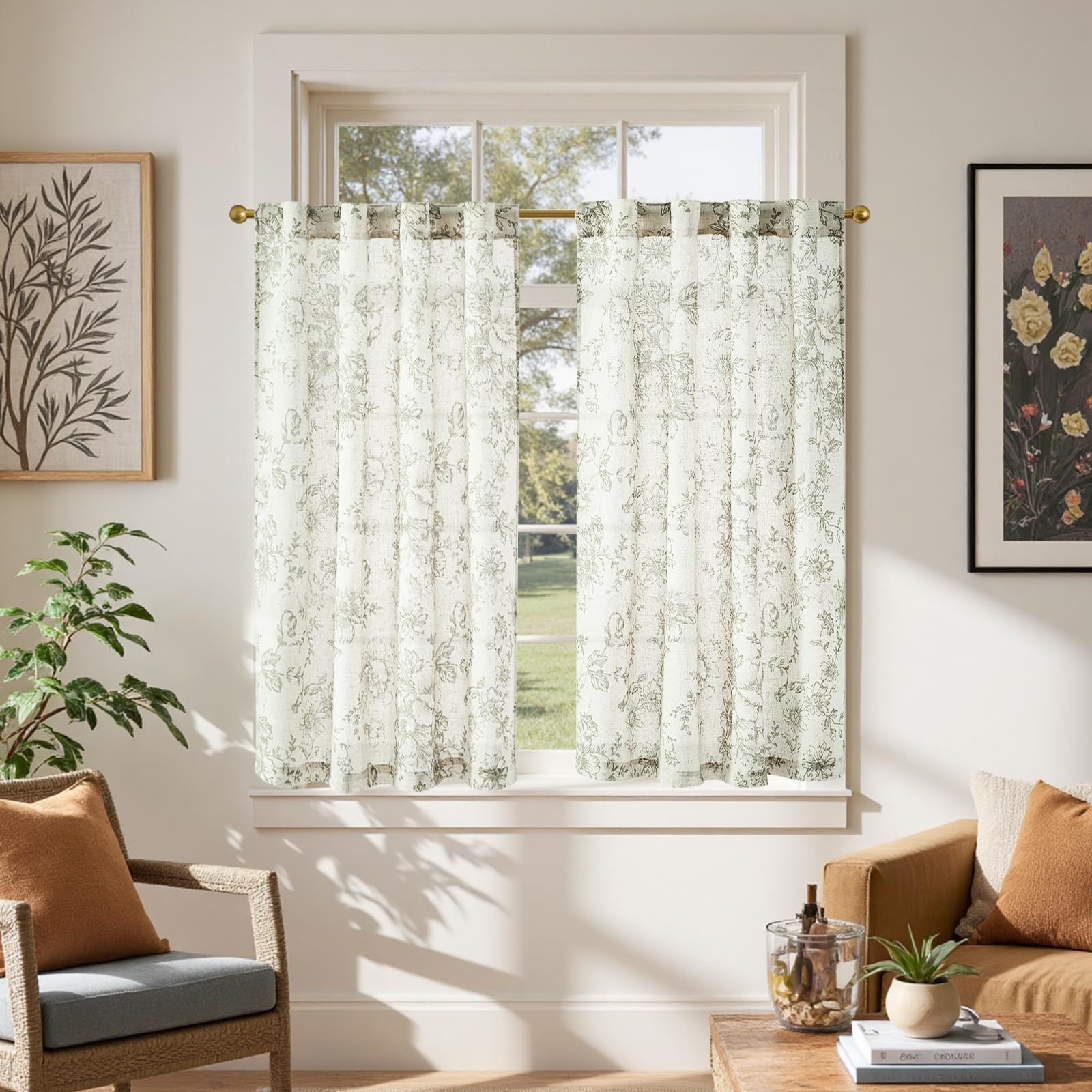 jinchan Linen Floral Tier Curtains 45 Inch Farmhouse Botanic Cafe Curtains Light Filtering Drapes... | Amazon (US)