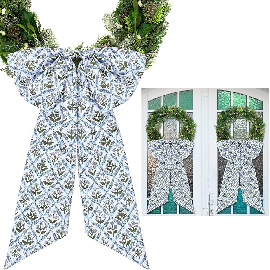 2 Pcs Blue Block Print Bow Wreath Sash 24 x 16 Inch Christmas Wreath Sash for Front Door Holiday ... | Amazon (US)
