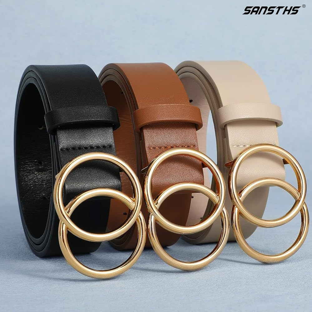 SANSTHS 3 Pack Women Waist Belts for Jeans Pants Dresses, Ladies Belt with Double O-Ring Gold Buc... | Amazon (US)