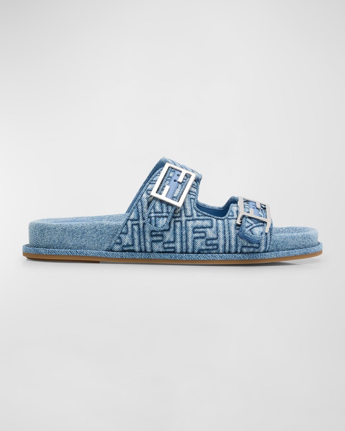 FF Embroidered Denim Dual Buckle Slide Sandals | Neiman Marcus