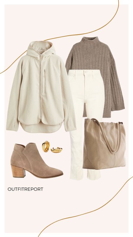 Beige brown neutral colours outfit white cream denim jeans brown knit jumper sweater, brown booties beef handbag tote gold jewellery earrings and fleece winter outfit 

#LTKstyletip #LTKunder100 #LTKshoecrush