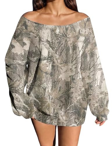 MISSACTIVER Camo Sweatshirt for Women Oversized Fleece Off Shoulder Long Sleeve Maple Leaf Print Pullover Sweater Tops(X-Large,Khaki Green) | Amazon (US)