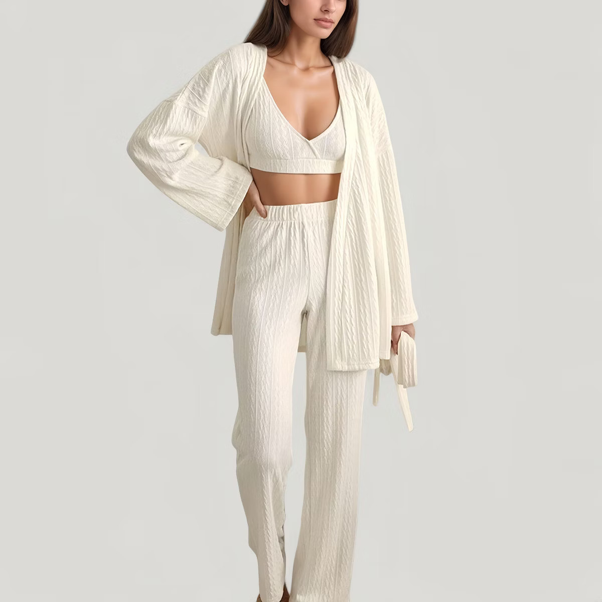 Anna-Kaci Lounge Women's 3-Piece Pajama Set with Textured Woven Knit Bra Top Open Cardigan and Hi... | Target