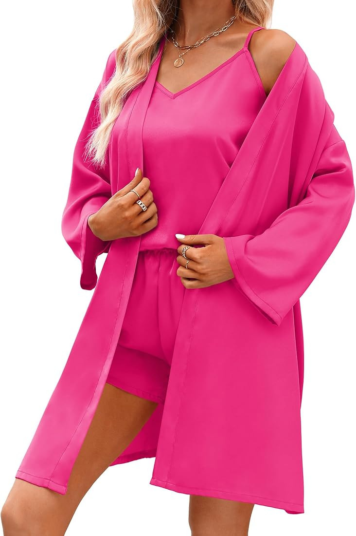 Aokosor 3 Piece Pajamas for Women Set Silky Casual Loungewear Pj Sets with Robe S-3XL | Amazon (US)