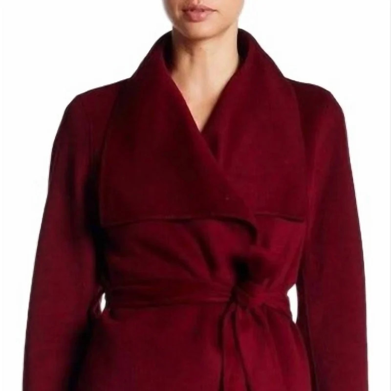 T Tahari Women Large Collar Belted Wool Blend Coat Jacket In Deep Red - Red - S | Verishop