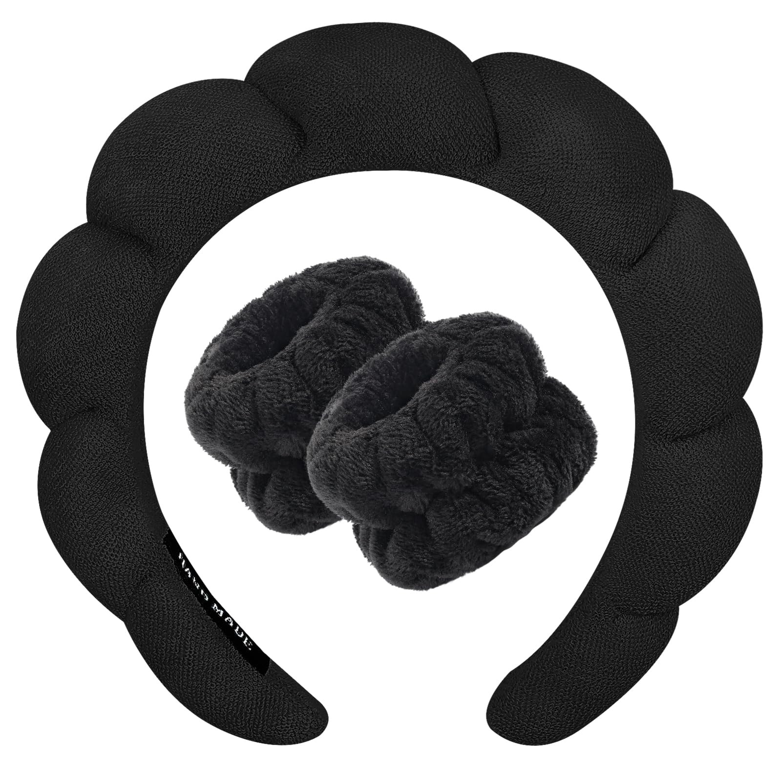 Zkptops Spa Headband for Washing Face Wristband Sponge Makeup Skincare Headband Terry Cloth Bubble Soft Get Ready Hairband for Women Girl Puffy Padded Headwear Non Slip Thick Hair Accessory(Black) | Amazon (US)