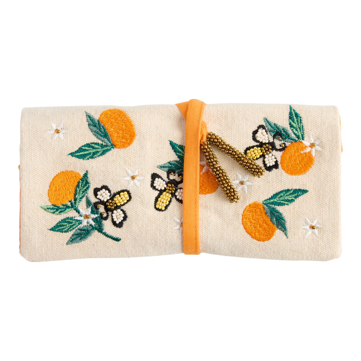 Women's Canvas Orange and Bee Beaded Embroidered Jewelry Roll by World Market | World Market