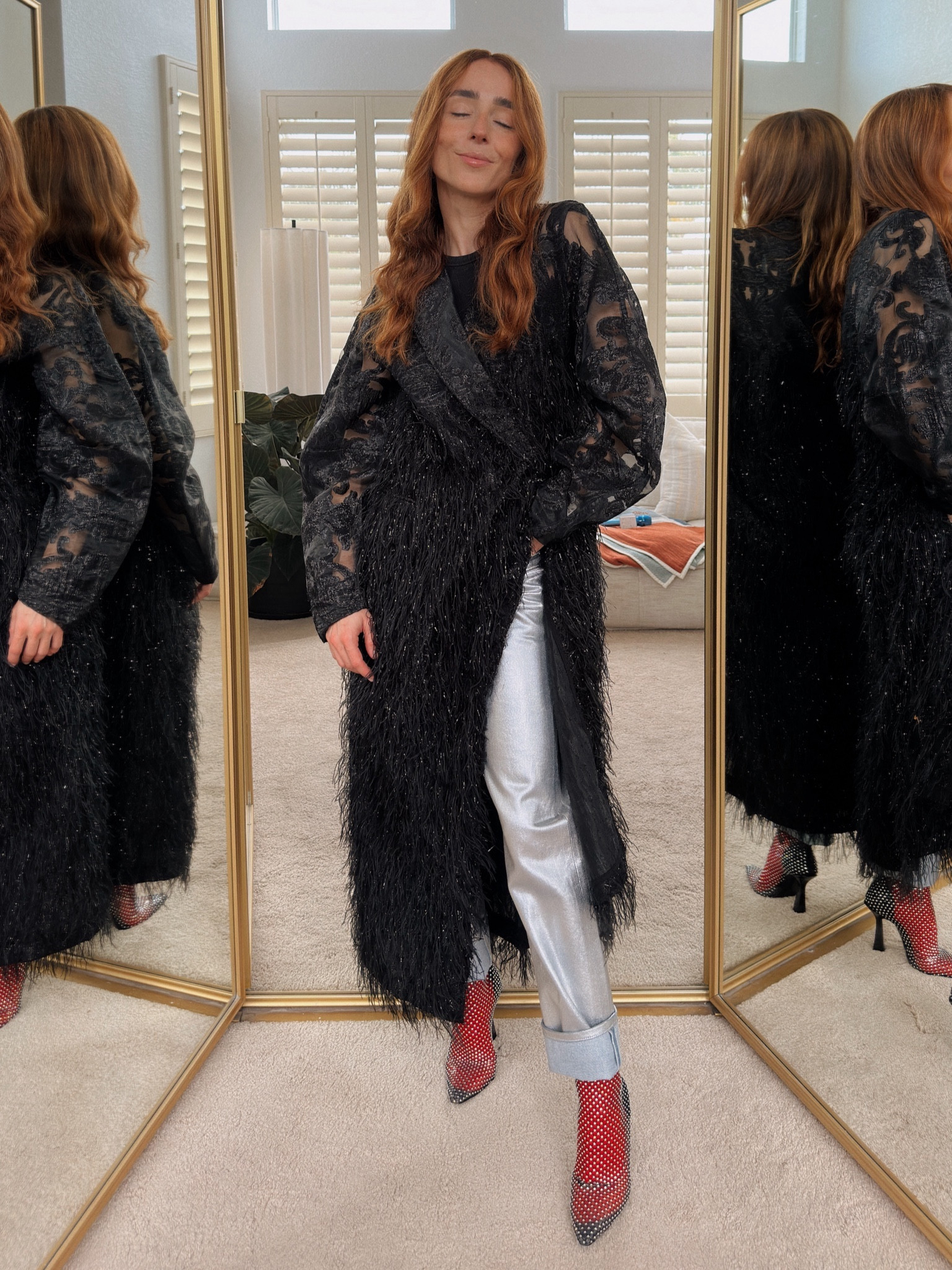 A dressed up casual styling for your dinner at home Thanksgiving outfit. Pairing a luxe evening jacket or coat with silver jeans makes for an easy and comfy look while upping the glam factor. 

Holiday outfits | Holiday Dress | Boots

#LTKstyletip #LTKCyberWeek #LTKHoliday