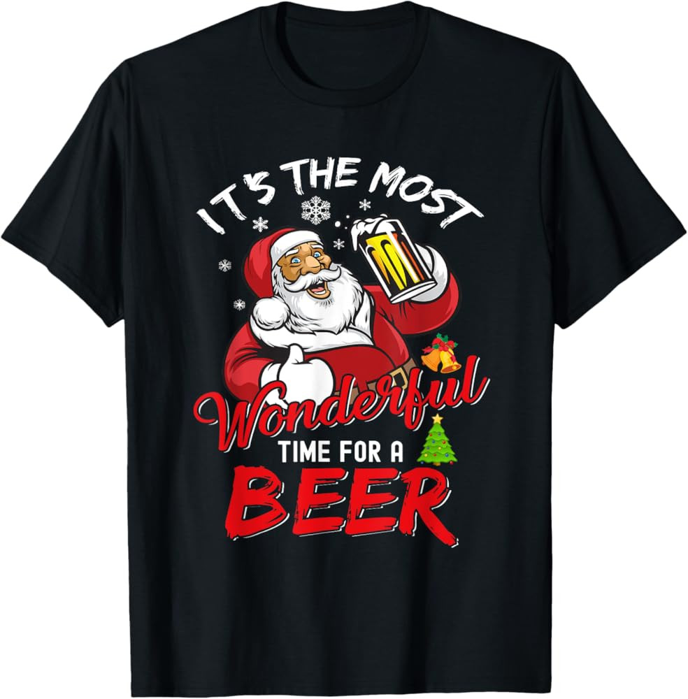 Funny Christmas Santa Claus Drinking Beer Wonderful Time T-Shirt | Amazon (US)