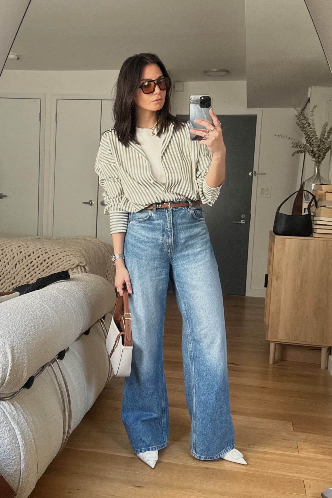 Brunch fit. Love the open button down look with an high neck shirt or tank. I’ve been living in these jeans they’re so comfy and a great wide leg silhouette 

#LTKSeasonal #LTKworkwear #LTKstyletip