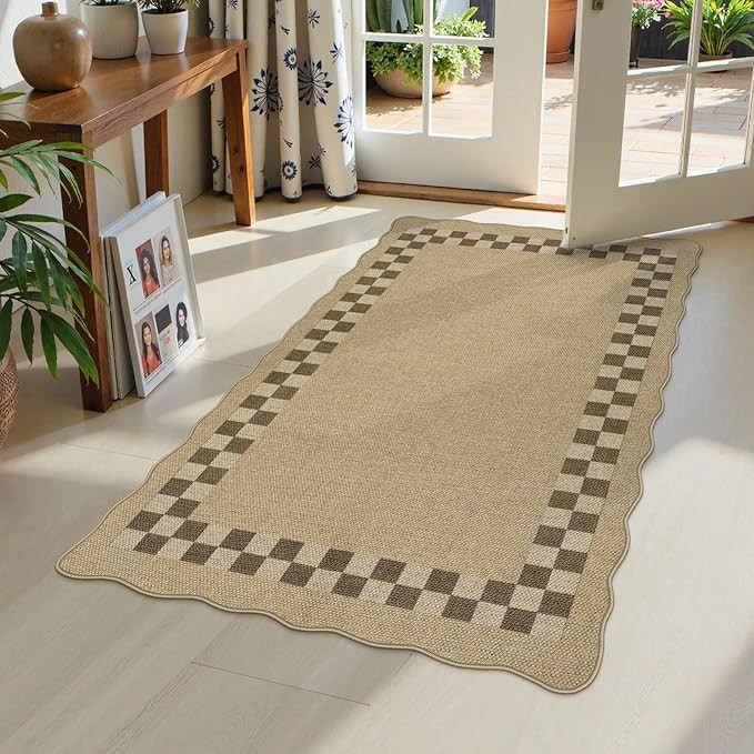 LIVEBOX Scalloped Easy Jute Checkered 3x5 Rug, Washable Non-Slip Tan Rugs for Entryway, Geometric... | Amazon (US)