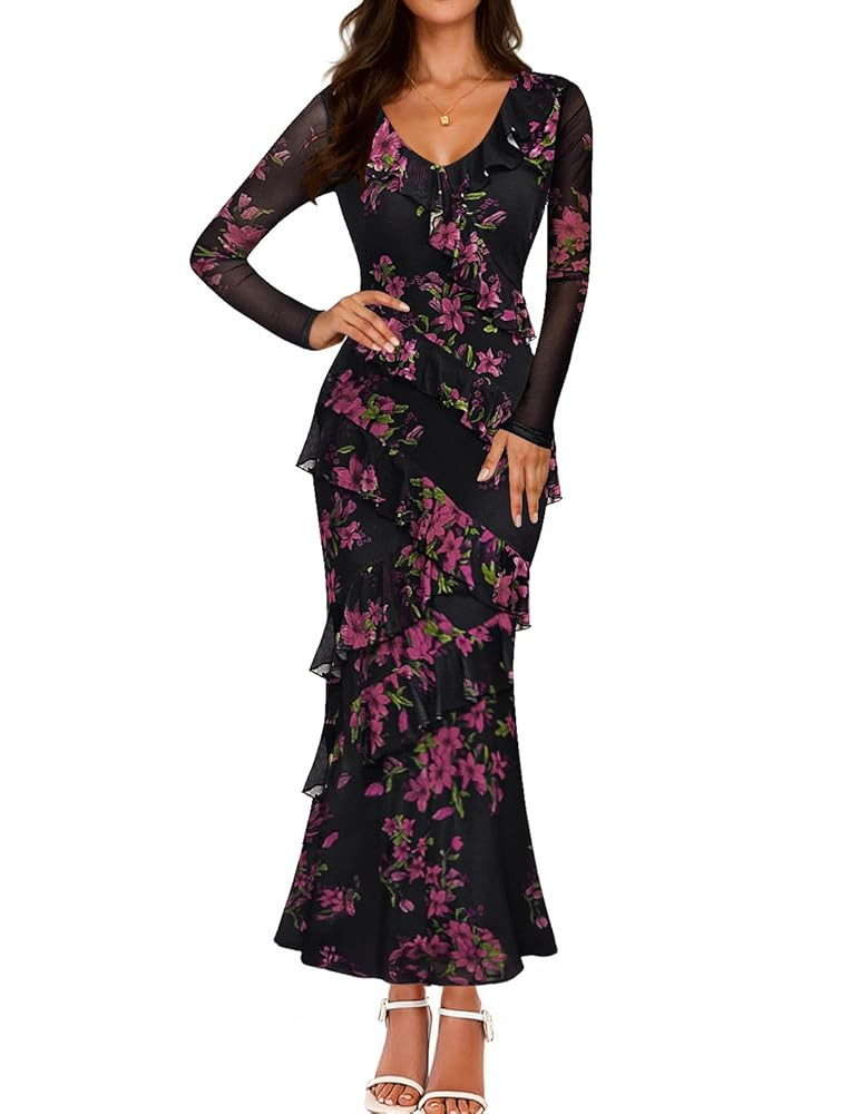ZESICA Women's Fall Floral Long Sleeve Maxi Dress 2025 Boho Bodycon V Neck Ruffle Wedding Party L... | Amazon (US)