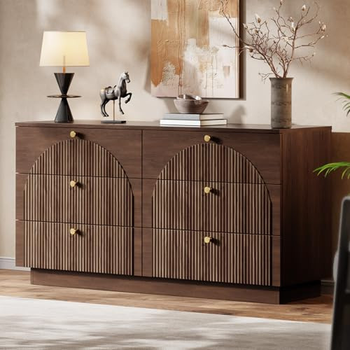 Herihome Arched Fluted Dresser for Bedroom with 6 Drawers, 55" Wide Large Wooden Storage Organizer Chest of Drawers, Mid Century Modern Wood Closet TV Stand for Bedroom,Living Room, Hallway, Walnut | Amazon (US)