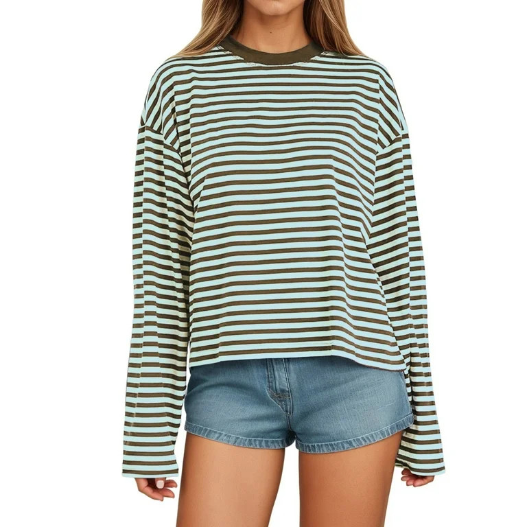Women Stripe T Shirts Colorblock Long Sleeve Tee Tops Mint Green XS | Walmart (US)