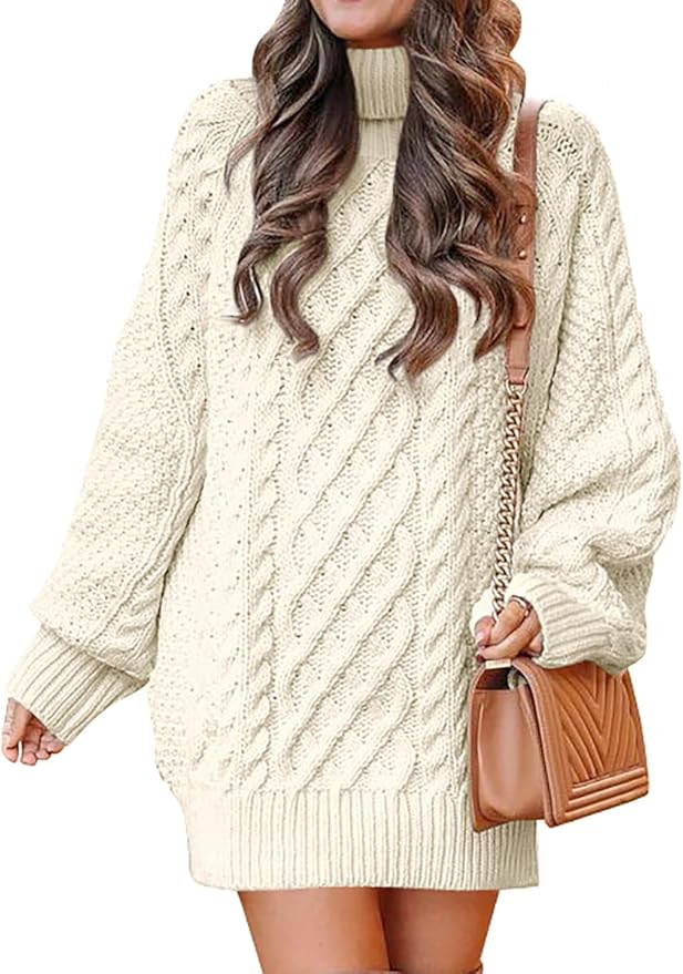 ANRABESS Women Turtleneck Long Sleeve Oversized Cable Knit Chunky Pullover Short Sweater Dresses | Amazon (US)
