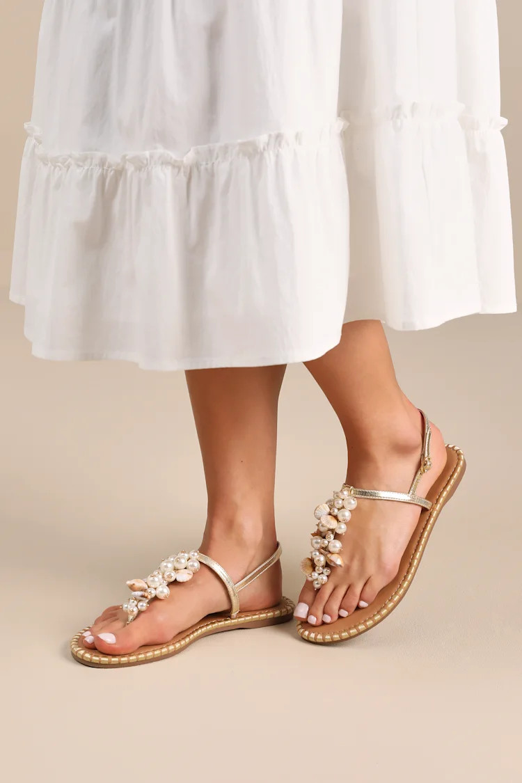 Bryelea Gold Pearl Shell Flat Sandals | Lulus