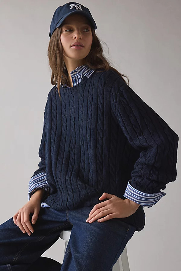 Vintage & ReMADE by UO Vintage By UO Oversized Cable Knit Sweater in Navy, Women's at Urban Outfitters | Urban Outfitters (US and RoW)