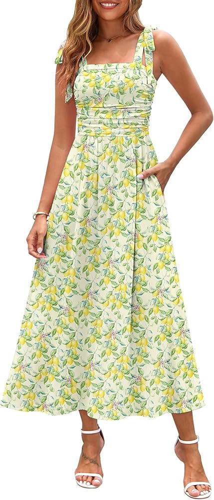 Zattcas Womens 2025 Summer Spaghetti Strap Floral Maxi Dress with Pockets Smocked Flowy Long Beac... | Amazon (US)